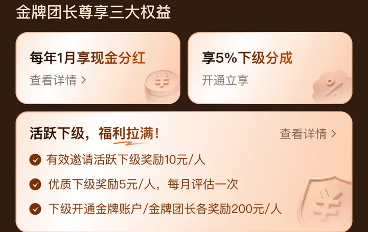 任推邦金牌团长三大权益截图：每年1月现金分红、5%下级分成、活跃下级奖励